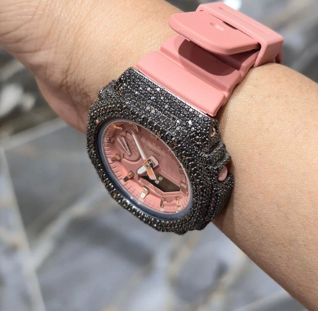 BLACK MOISSANITE Watch Iced Out G-SHOCK GA2100 “Casioak” – PINK Dial | Pink Band