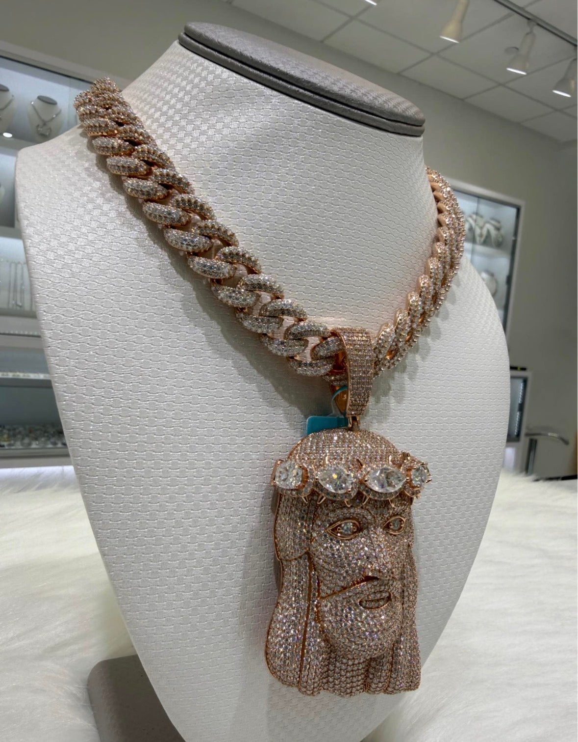 Rose Gold Iced Cuban Chain + Custom Jesus Pendant