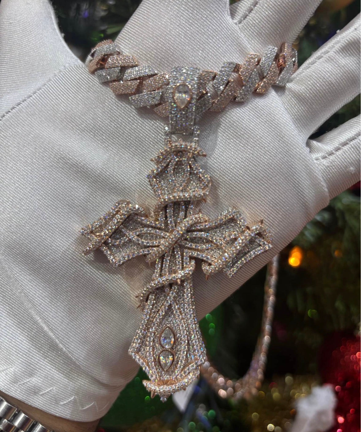 Custom Two-Tone Cross Pendant w/ 14mm Cuban Chain (Rose & White) | Iced Out Look