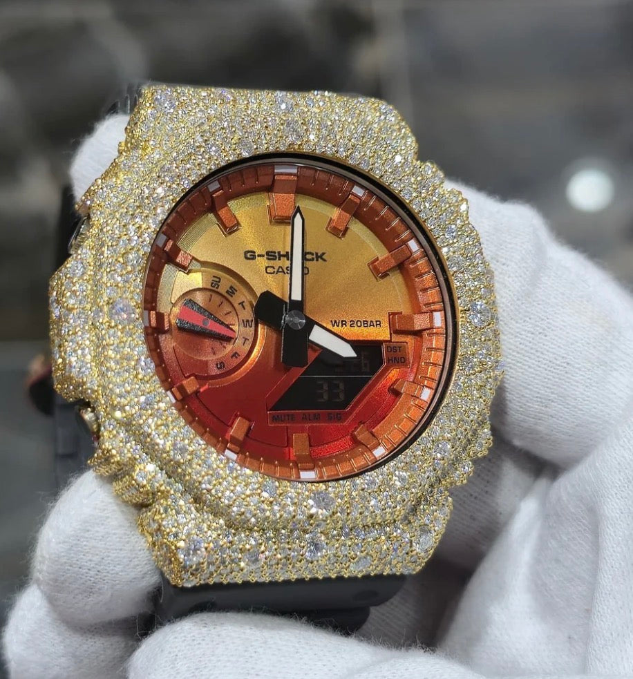 Authentic Casio G-SHOCK Custom Yellow Iced Out Watch Orange Dial | Gray Band