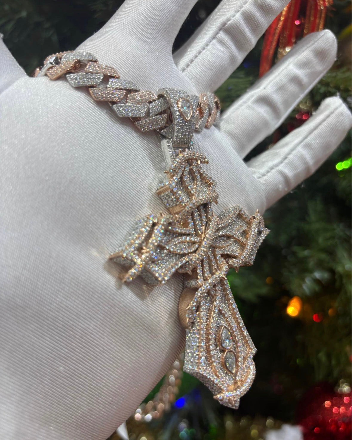 Custom Two-Tone Cross Pendant w/ 14mm Cuban Chain (Rose & White) | Iced Out Look
