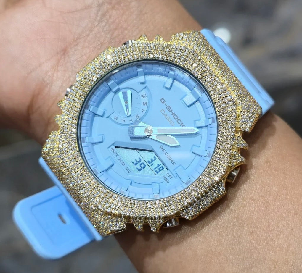 Authentic Casio G-SHOCK GA2100 Custom Iced Out Watch – Yellow Bezel | Blue Band