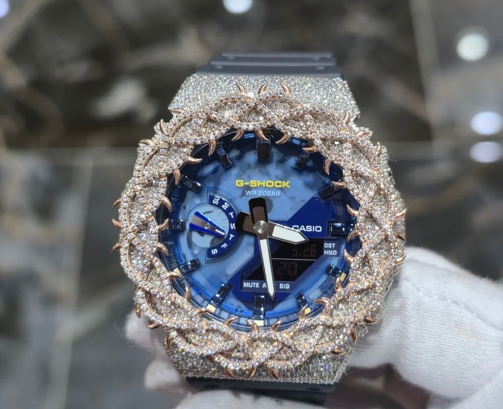 Iced Out G-Shock Watch Authentic VVS Moissanite Barbed Wire Two Tone | BlueFace

Regular Price
