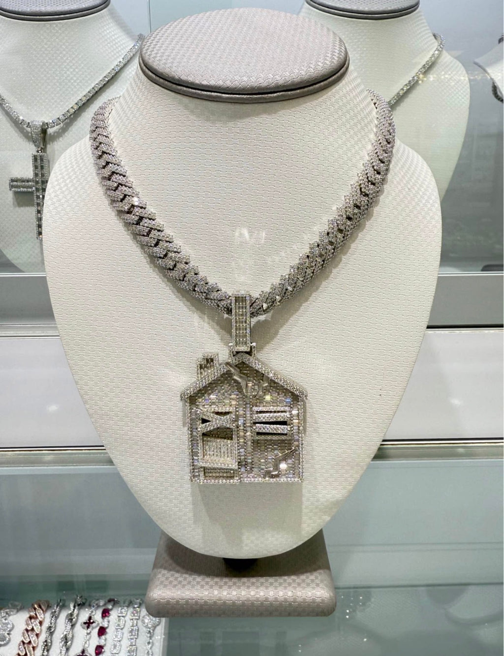 925 Sterling Silver Trap House Pendant & Cuban Necklace with VVS Moissanite Diamonds