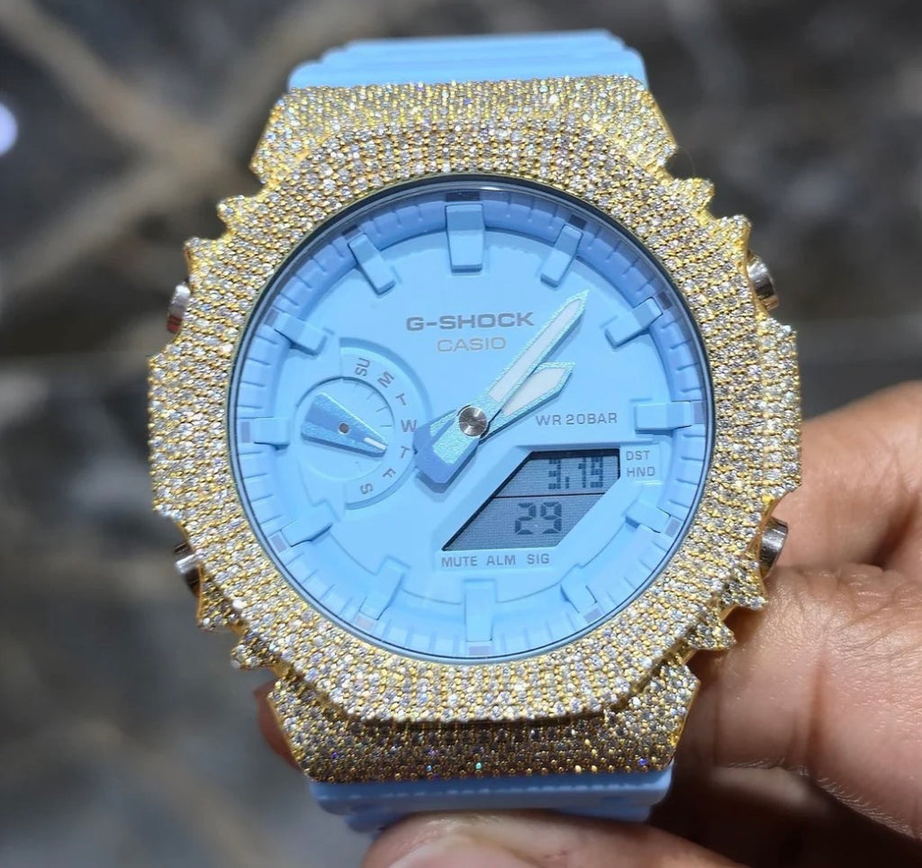 Authentic Casio G-SHOCK GA2100 Custom Iced Out Watch – Yellow Bezel | Blue Band