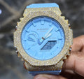 Authentic Casio G-SHOCK GA2100 Custom Iced Out Watch – Yellow Bezel | Blue Band