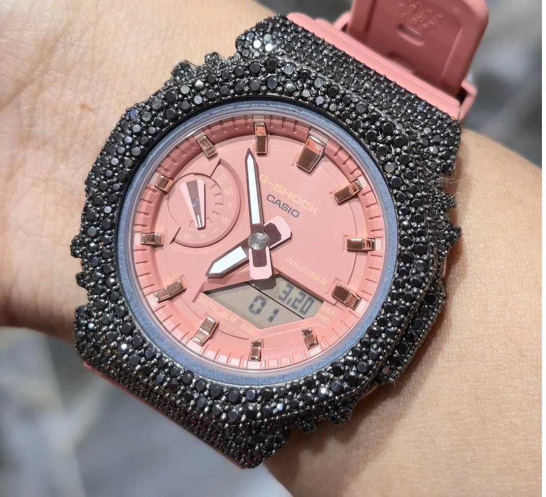 BLACK MOISSANITE Watch Iced Out G-SHOCK GA2100 “Casioak” – PINK Dial | Pink Band